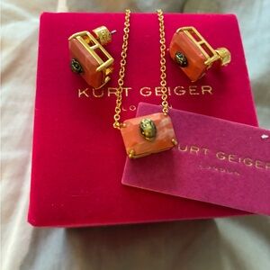 Kurt Geiger Coral-Orange Gold-Plated Pendant Necklace with Matching Studs